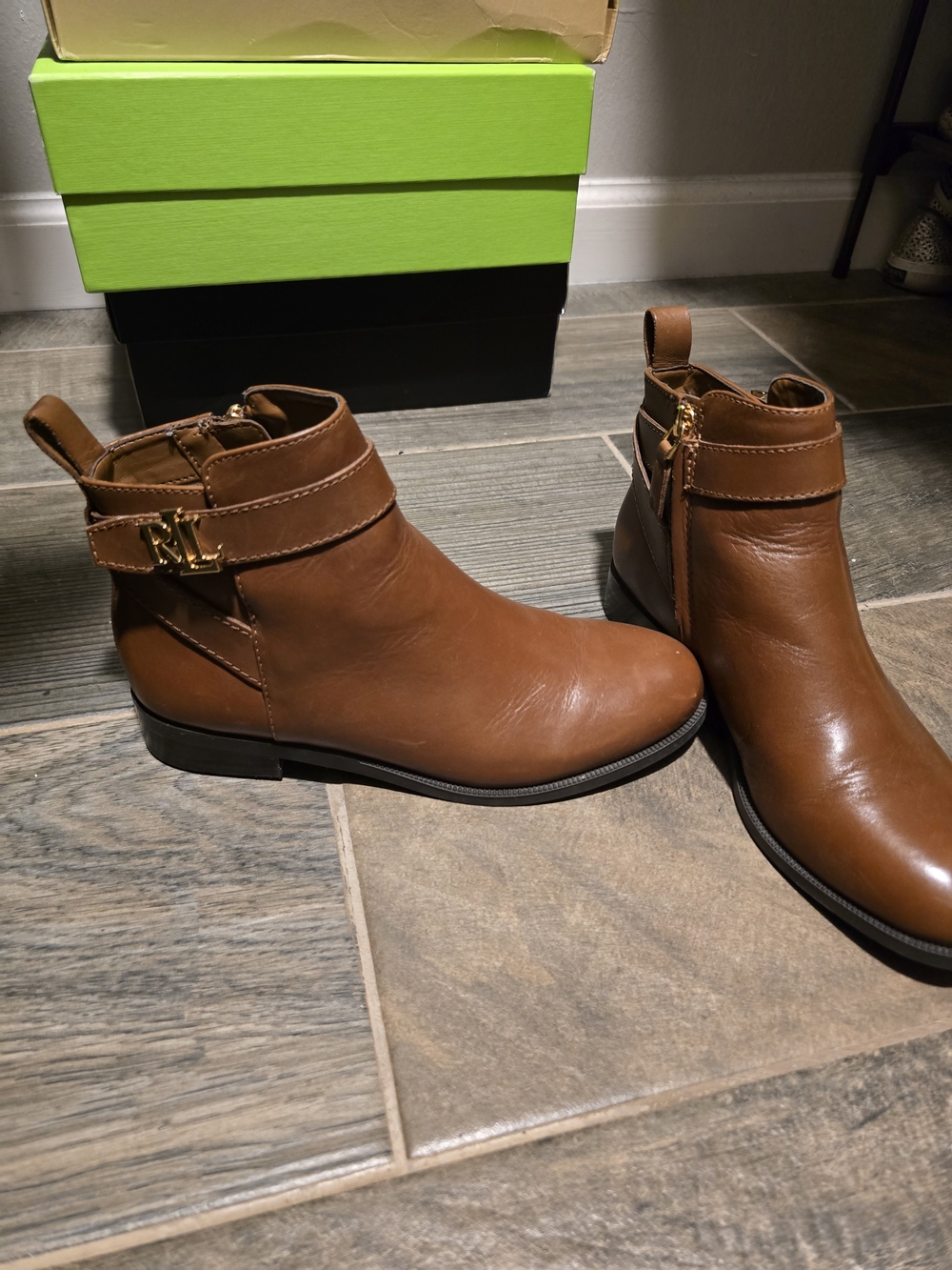 Lauren By Ralph Lauren Brown Leather Ankle Boots with Gold Buckle